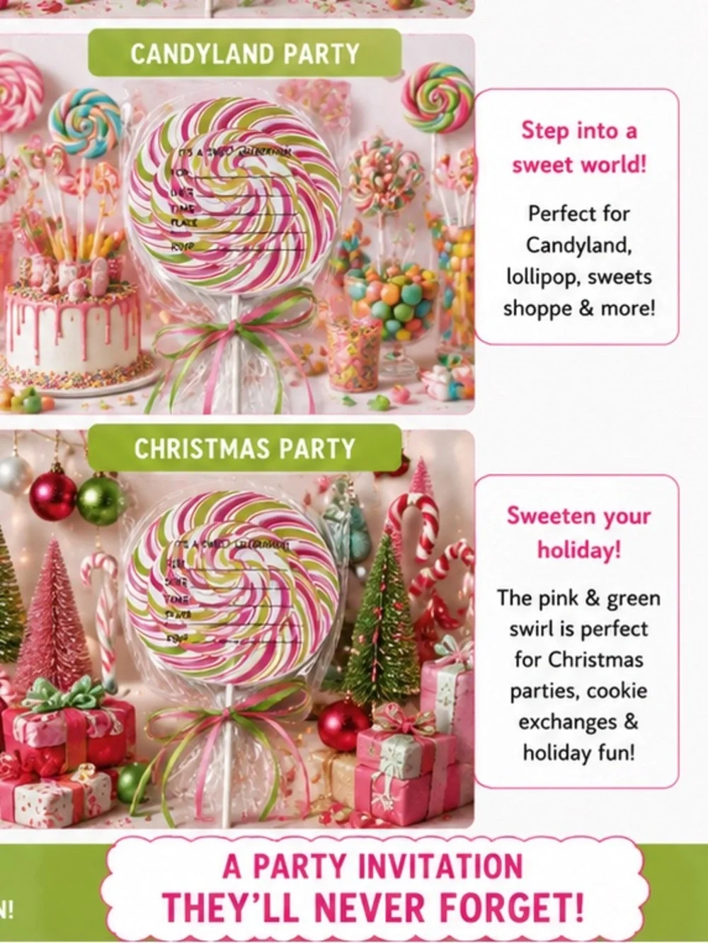 Pink & Green Lollipop Party Invitations 🍭 Teen Candy Birthday – Pack of 10